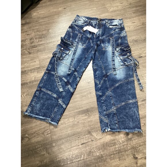 BoohooMAN Plus Baggy Rigid Strap & Buckle Detail Jeans Size 42 Indigo Streetwear - Picture 2 of 8